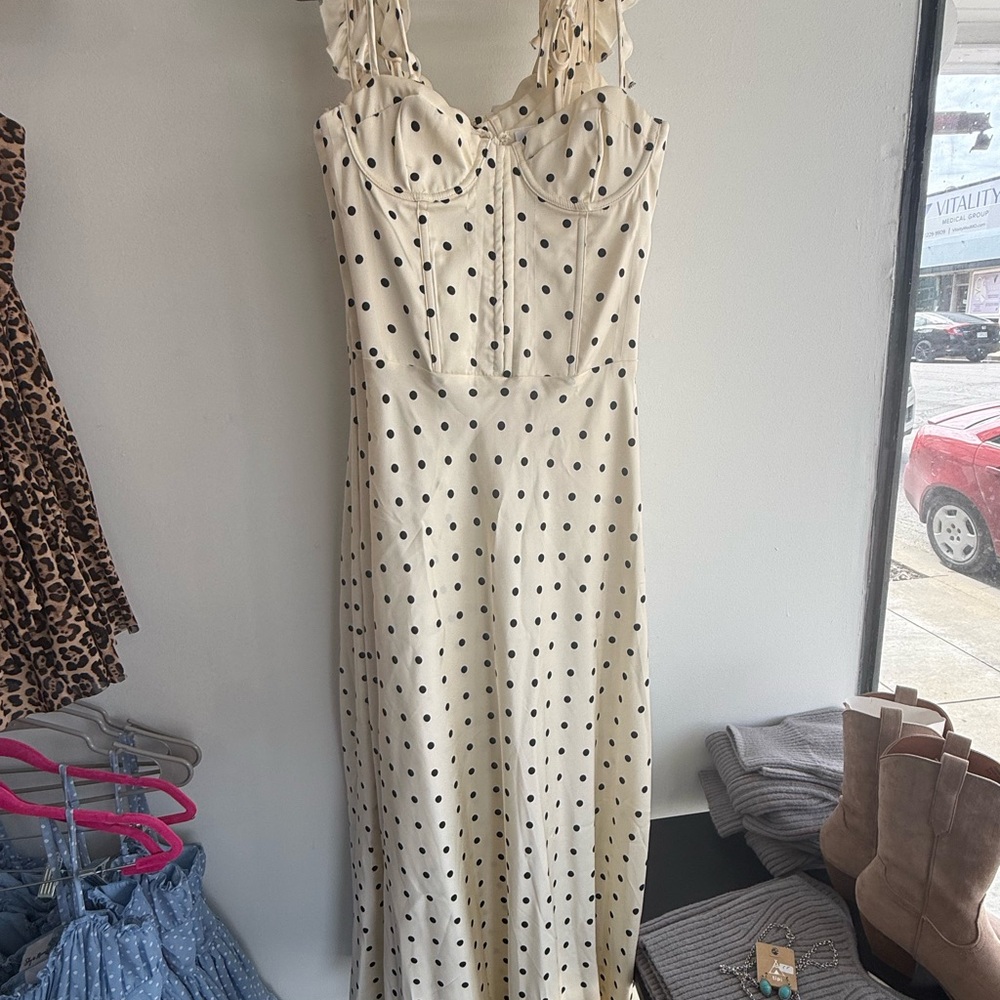 Polka Dot Cream Maxi Dress with Ruching Straps